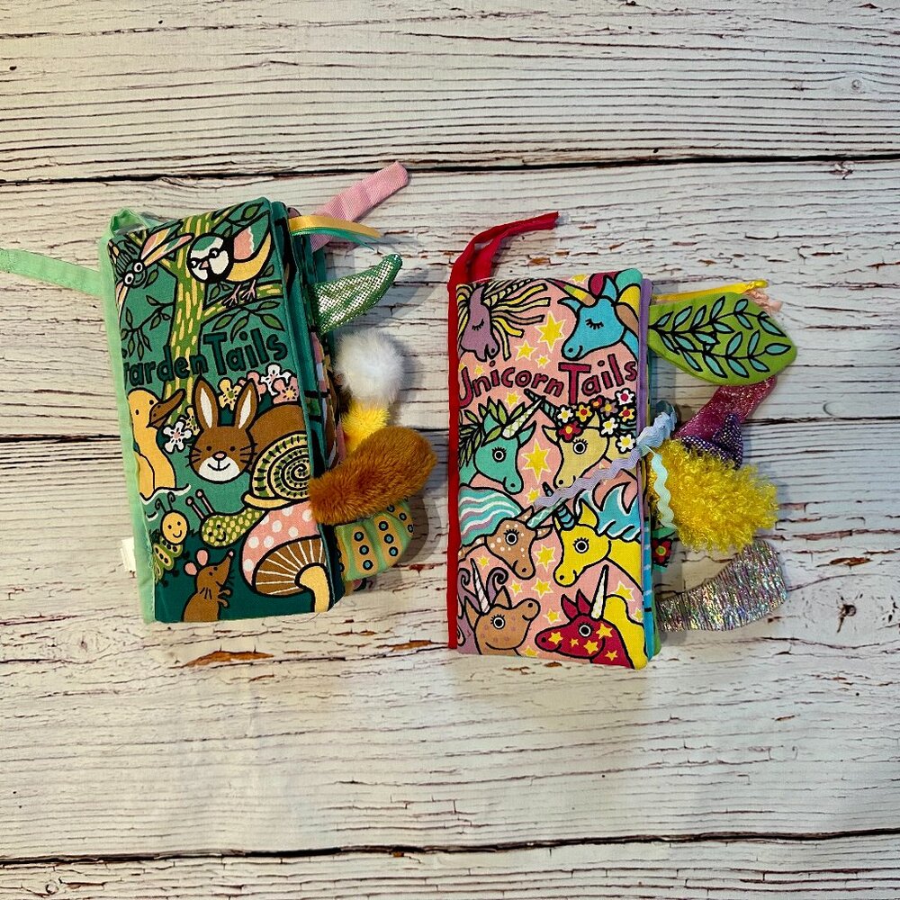 Jellycat soft books "unicorn tails" and "garden tails" bundle